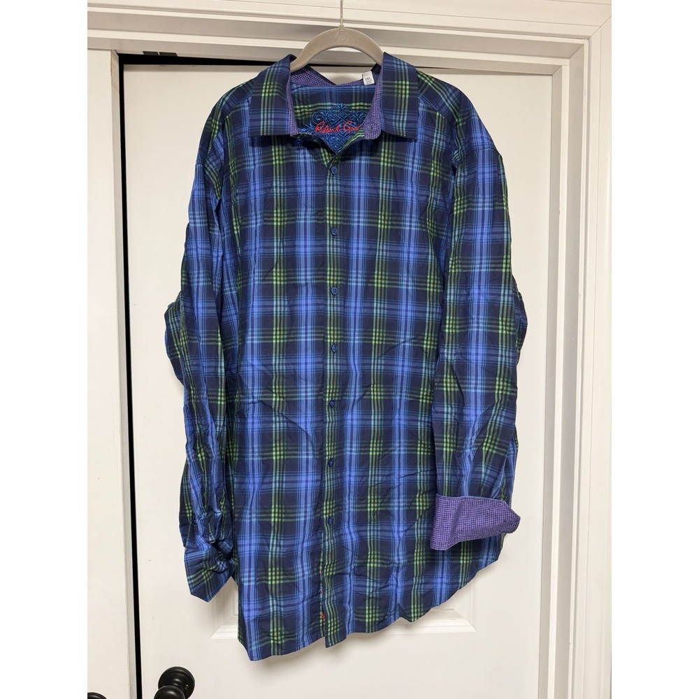 Robert Graham button-down shirt, blue and green plaid, Men's Size 2XL